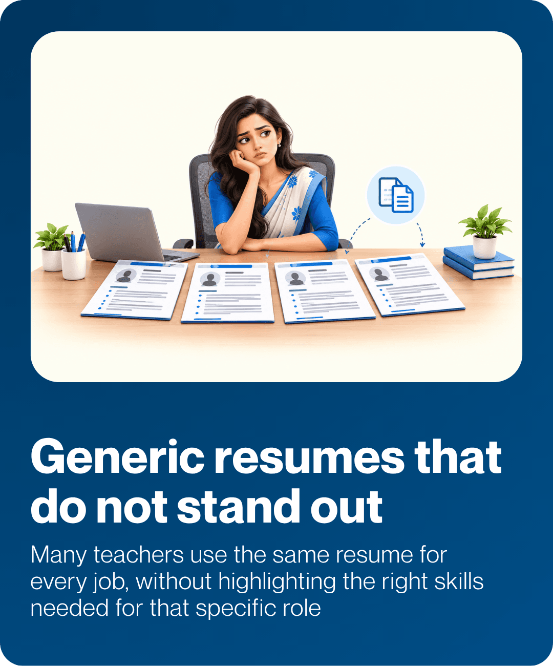 Generic resumes that do not stand out. Many teachers use the same resume for every job, without highlighting the right skills needed for that specific role.